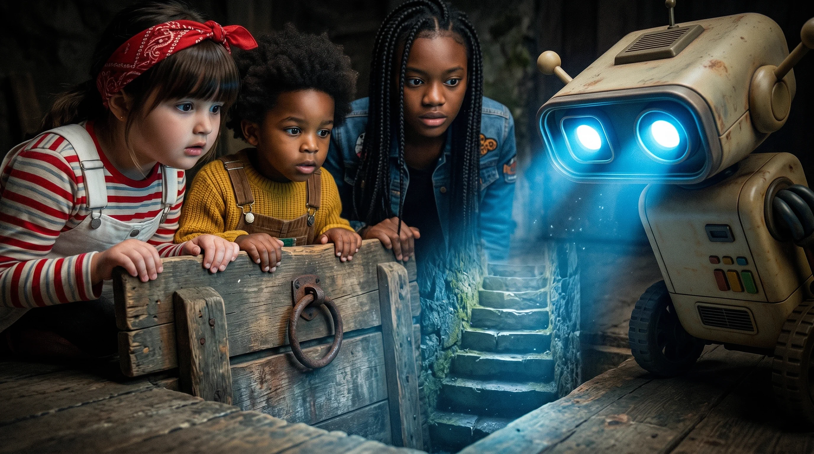 A turma diante de um alçapão, com Byte iluminando o porão do laboratório lacrado