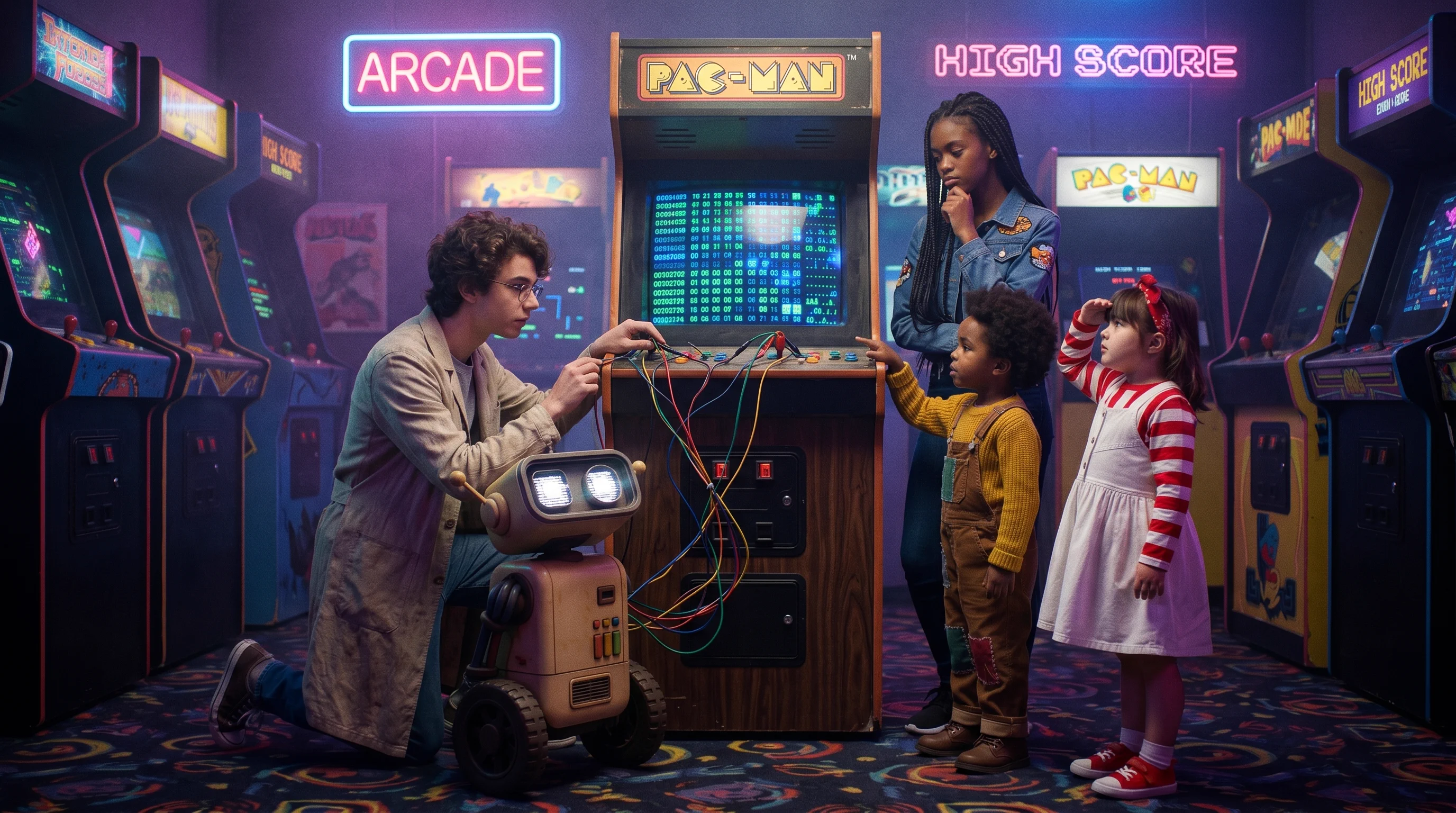 Fliperama com luzes neon, a turma e Byte