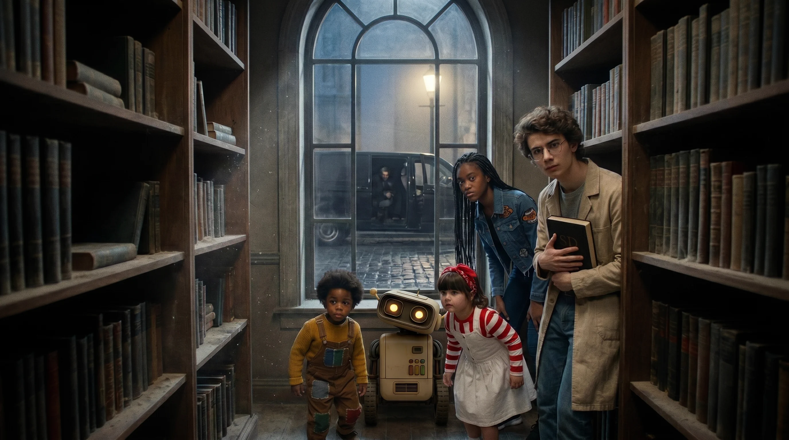 Biblioteca antiga com Percival lendo