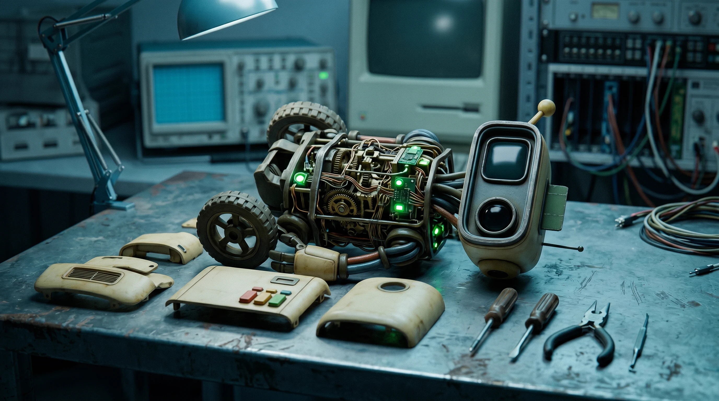 Byte na bancada do laboratório, montado com peças de sucata e o disco rígido do avô