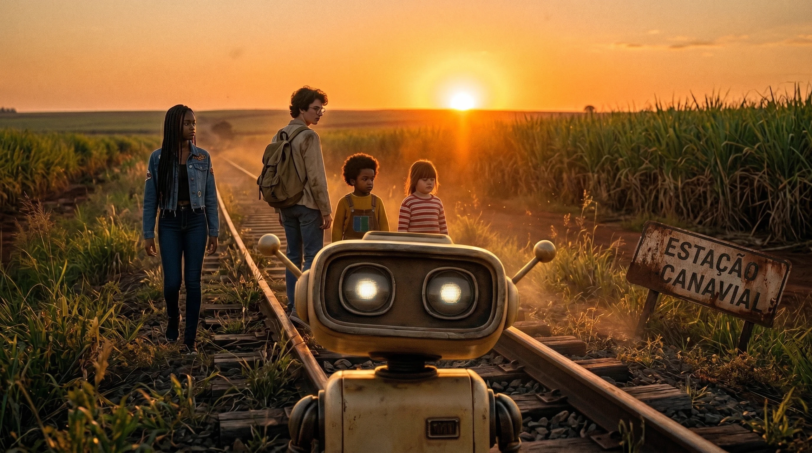 Byte na linha do trem ao entardecer, canavial ao fundo