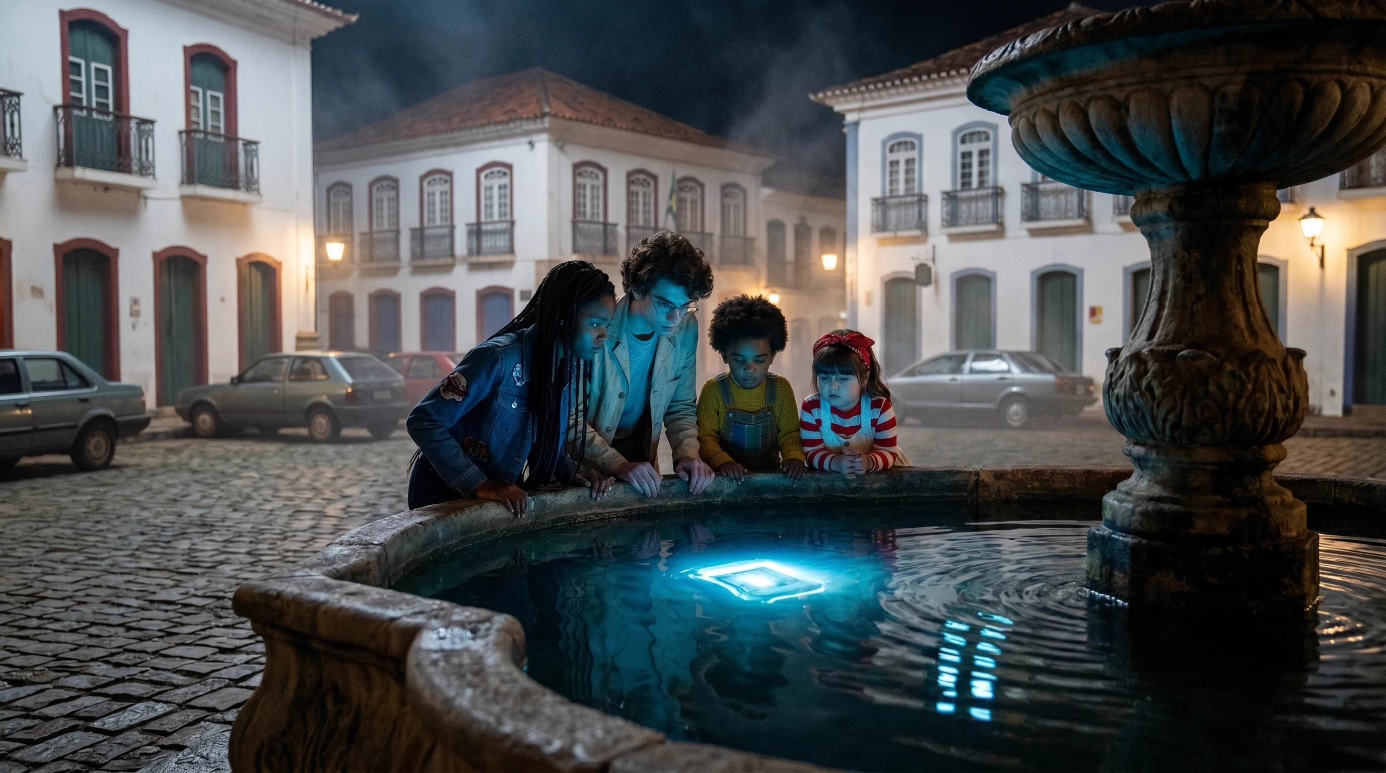 Fonte colonial iluminada por luz azul, com a turma ao redor