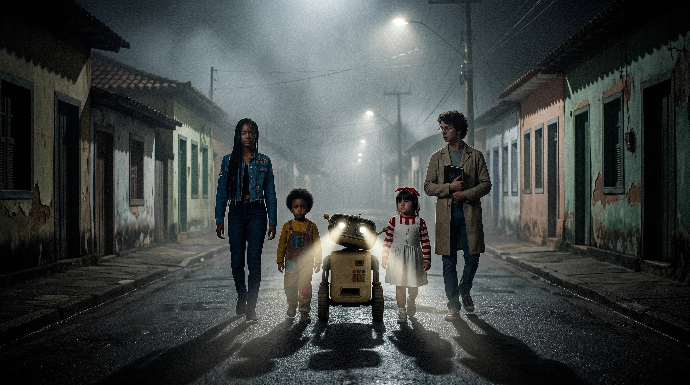 Rua de cidade pequena na neblina, a turma caminhando com Byte